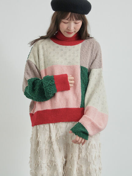 パッチワークスタンドカラーニット（ピンク/レッド）｜TSUHARU by Samansa Mos2（ツハルバイサマンサモスモス）通販