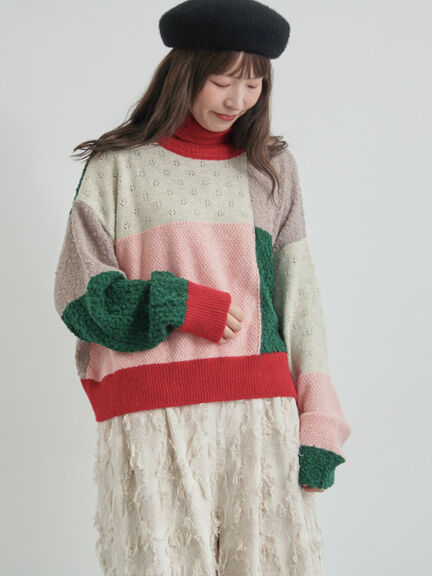 パッチワークスタンドカラーニット（ピンク/レッド）｜TSUHARU by Samansa Mos2（ツハルバイサマンサモスモス）通販