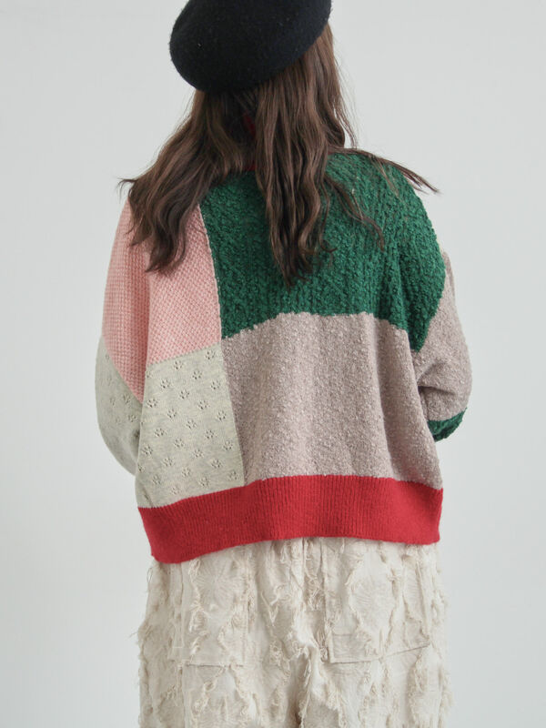 セール】 パッチワークスタンドカラーニット（ピンク/レッド/トップス