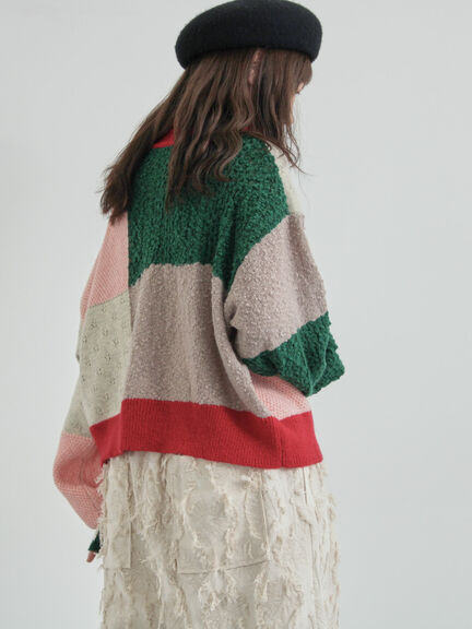 パッチワークスタンドカラーニット（ピンク/レッド）｜TSUHARU by Samansa Mos2（ツハルバイサマンサモスモス）通販