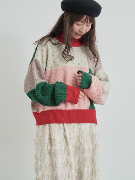 パッチワークスタンドカラーニット（ピンク/レッド）｜TSUHARU by Samansa Mos2（ツハルバイサマンサモスモス）通販