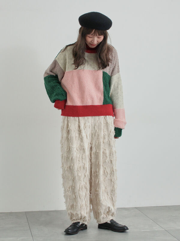 パッチワークスタンドカラーニット（ピンク/レッド/トップス/ニット