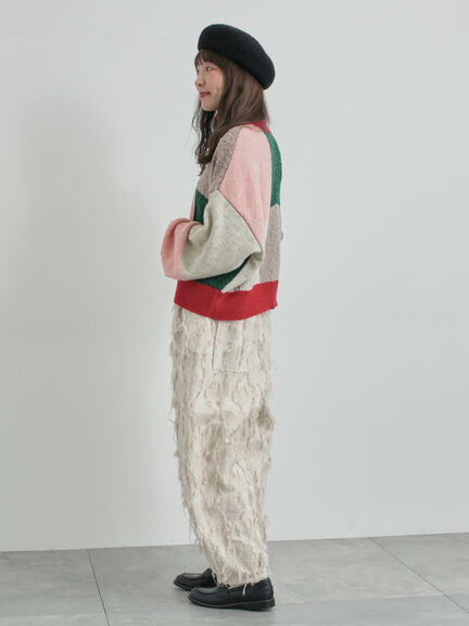 パッチワークスタンドカラーニット（ピンク/レッド）｜TSUHARU by Samansa Mos2（ツハルバイサマンサモスモス）通販