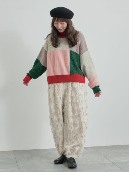 パッチワークスタンドカラーニット（ピンク/レッド）｜TSUHARU by Samansa Mos2（ツハルバイサマンサモスモス）通販