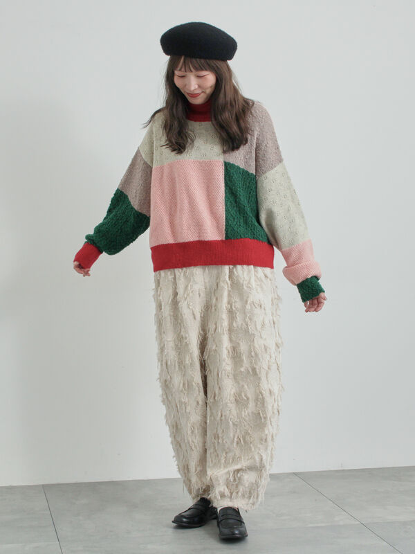 TSUHARU by Samansa Mos2 パッチワークスタンドカラーニット セール】 パッチワークスタンドカラーニット（ピンク/レッド/トップス