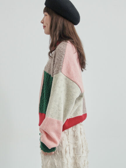パッチワークスタンドカラーニット（ピンク/レッド）｜TSUHARU by Samansa Mos2（ツハルバイサマンサモスモス）通販