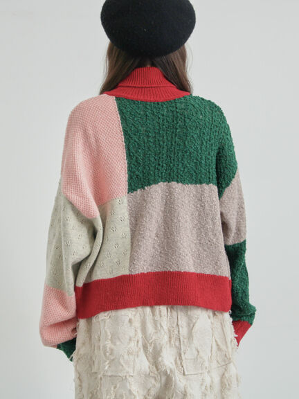 パッチワークスタンドカラーニット（ピンク/レッド）｜TSUHARU by Samansa Mos2（ツハルバイサマンサモスモス）通販