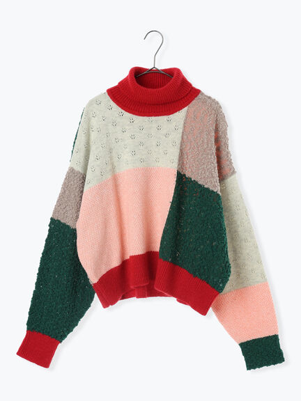 パッチワークスタンドカラーニット（ピンク/レッド）｜TSUHARU by Samansa Mos2（ツハルバイサマンサモスモス）通販