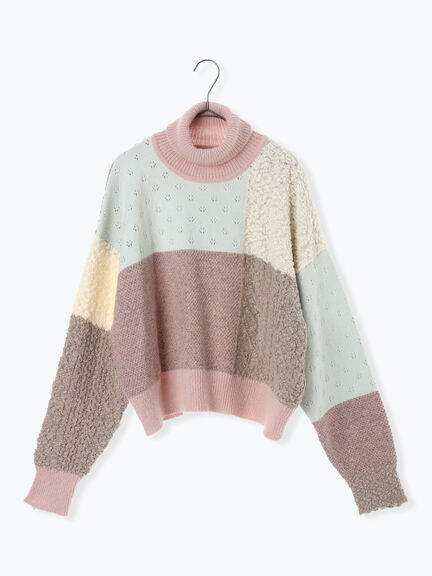 パッチワークスタンドカラーニット（ピンク/レッド）｜TSUHARU by Samansa Mos2（ツハルバイサマンサモスモス）通販