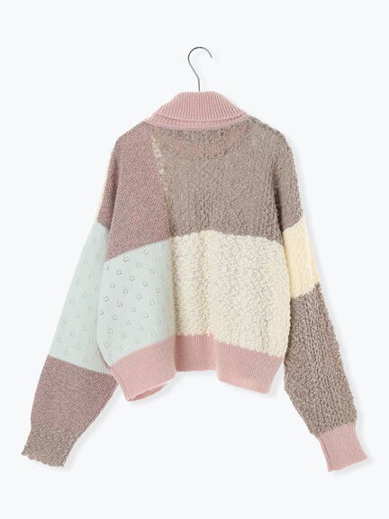 パッチワークスタンドカラーニット（ピンク/レッド）｜TSUHARU by Samansa Mos2（ツハルバイサマンサモスモス）通販