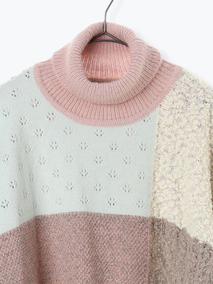 パッチワークスタンドカラーニット（ピンク/レッド）｜TSUHARU by Samansa Mos2（ツハルバイサマンサモスモス）通販