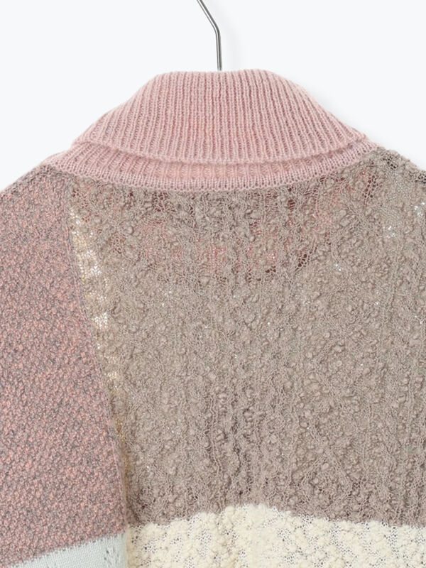 セール】 パッチワークスタンドカラーニット（ピンク/レッド/トップス