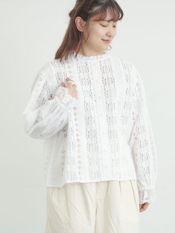 セール】 【WHITE COLLECTION】オーバーレース切替ブラウス（ホワイト