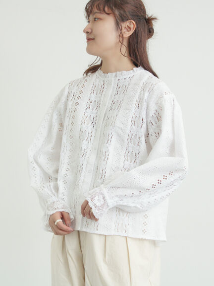 【WHITE COLLECTION】オーバーレース切替ブラウス（ホワイト）｜TSUHARU by Samansa Mos2（ツハルバイサマンサモスモス）通販