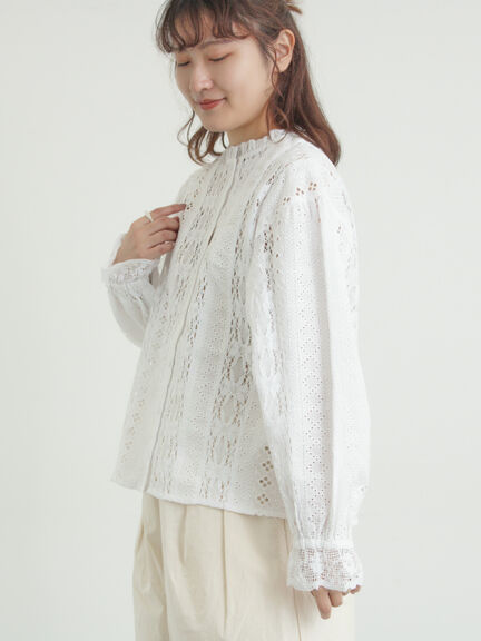 【WHITE COLLECTION】オーバーレース切替ブラウス（ホワイト）｜TSUHARU by Samansa Mos2（ツハルバイサマンサモスモス）通販