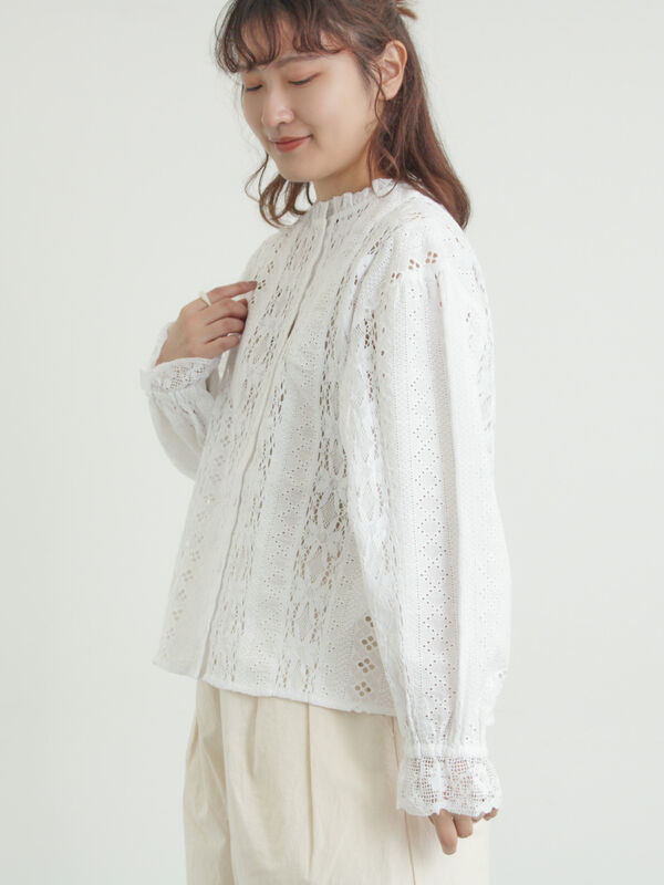 セール】 【WHITE COLLECTION】オーバーレース切替ブラウス（ホワイト