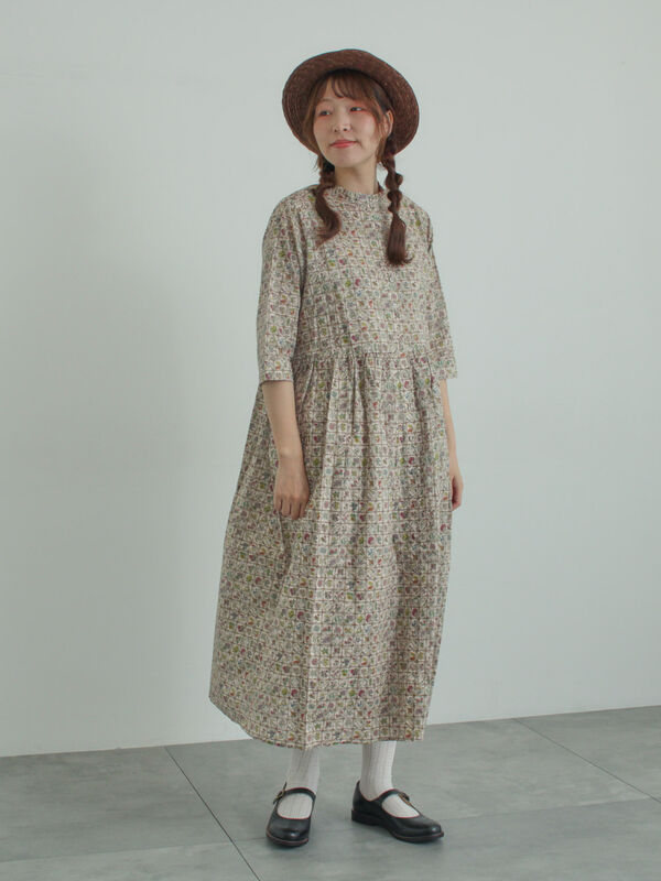 LIBERTY FABRICS】Botanical Language柄ワンピース（ブルー/キナリ