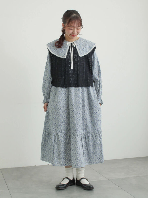 麻綿透かし柄前後着ニットベスト（ブラック/ベージュ/ミント/アウター