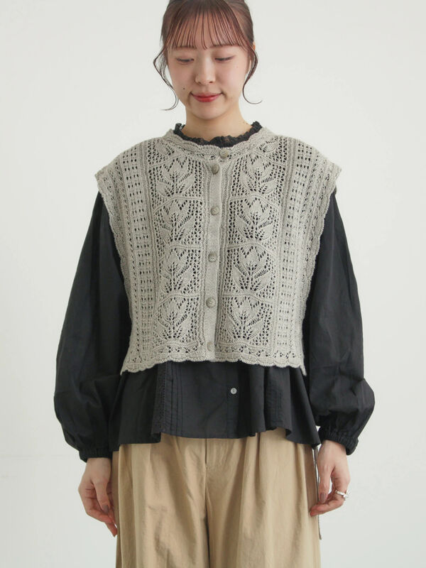 麻綿透かし柄前後着ニットベスト（ブラック/ベージュ/ミント/アウター
