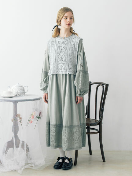 【WEB限定 Sサイズ】ランダム刺繍レース切替ワンピース（オフホワイト/チャコールグレー/ミント）｜TSUHARU by Samansa Mos2（ツハルバイサマンサモスモス）通販