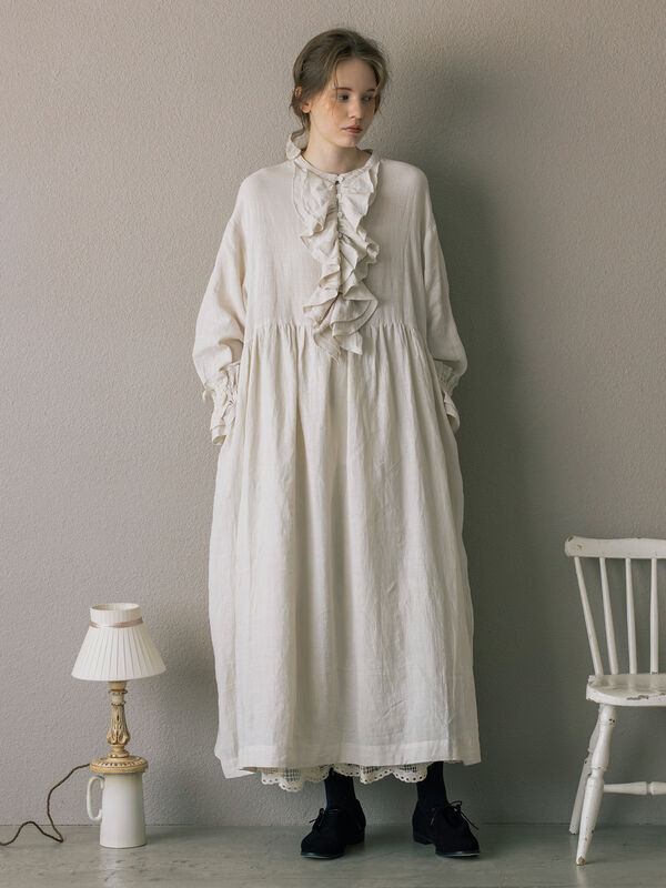 【ecru×brown collection】リネンフリルワンピース【WEB限定 Sサイズ】（ブラウン/エクリュ）｜TSUHARU by Samansa Mos2（ツハルバイサマンサモスモス）通販