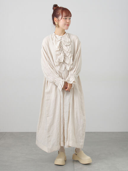 【ecru×brown collection】リネンフリルワンピース【WEB限定 Sサイズ】（ブラウン/エクリュ）｜TSUHARU by Samansa Mos2（ツハルバイサマンサモスモス）通販