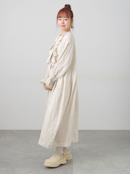 【ecru×brown collection】リネンフリルワンピース【WEB限定 Sサイズ】（ブラウン/エクリュ）｜TSUHARU by Samansa Mos2（ツハルバイサマンサモスモス）通販