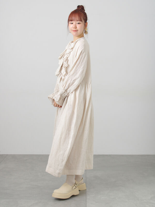 ecru×brown collection】リネンフリルワンピース【WEB限定 Sサイズ