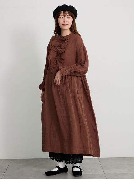 【ecru×brown collection】リネンフリルワンピース【WEB限定 Sサイズ】（ブラウン/エクリュ）｜TSUHARU by Samansa Mos2（ツハルバイサマンサモスモス）通販