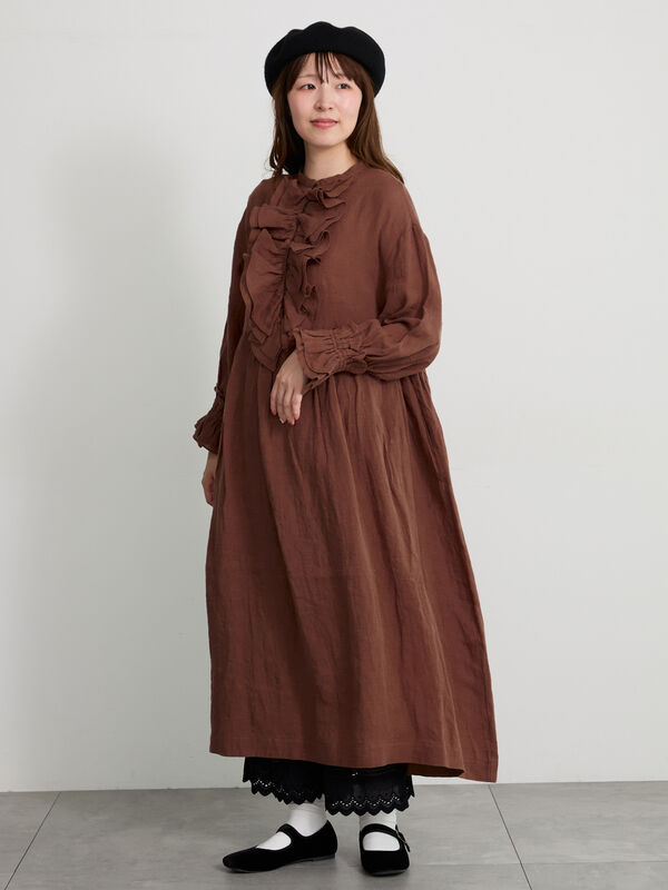ecru×brown collection】リネンフリルワンピース【WEB限定 Sサイズ