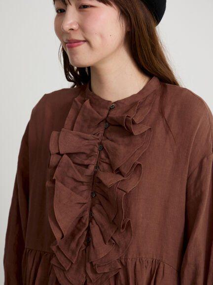 【ecru×brown collection】リネンフリルワンピース【WEB限定 Sサイズ】（ブラウン/エクリュ）｜TSUHARU by Samansa Mos2（ツハルバイサマンサモスモス）通販