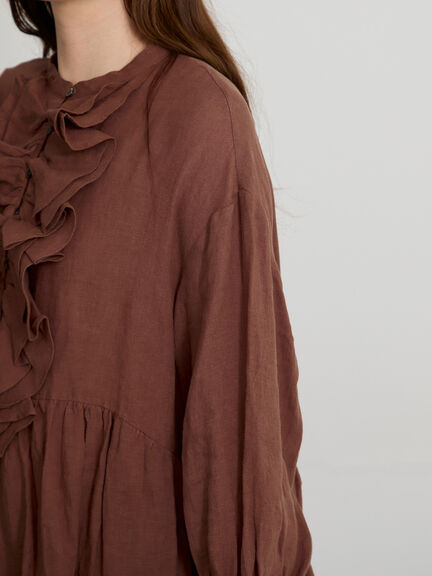 【ecru×brown collection】リネンフリルワンピース【WEB限定 Sサイズ】（ブラウン/エクリュ）｜TSUHARU by Samansa Mos2（ツハルバイサマンサモスモス）通販