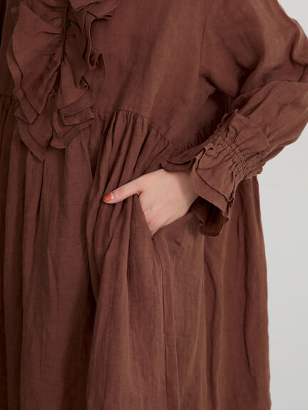 【ecru×brown collection】リネンフリルワンピース【WEB限定 Sサイズ】（ブラウン/エクリュ）｜TSUHARU by Samansa Mos2（ツハルバイサマンサモスモス）通販