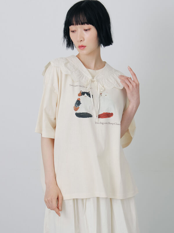 さて×TSUHARU】イラスト柄プリントTシャツ（ピンク/キナリ/トップス/T