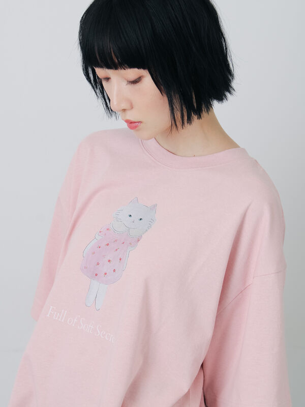 さて×TSUHARU】イラスト柄プリントTシャツ（ピンク/キナリ/トップス/T