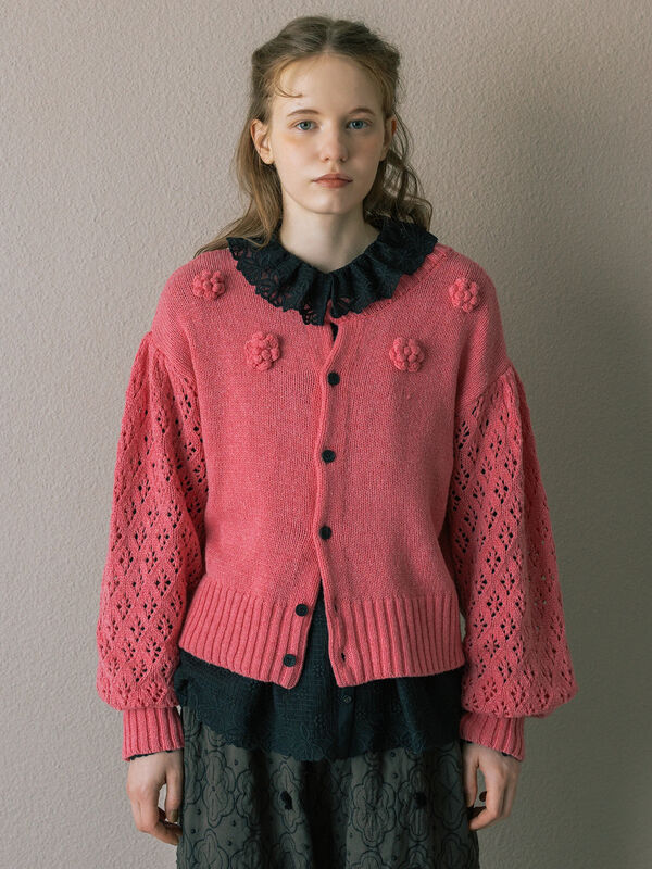 Embroidery collection】フラワー前後着ニット（ベージュ/ダーク