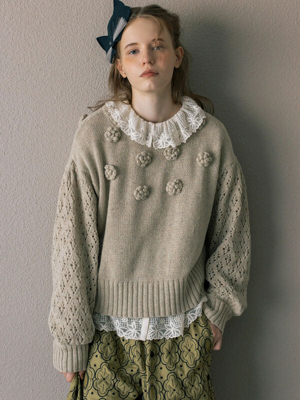 Embroidery collection】フラワー前後着ニット（ベージュ/ダーク