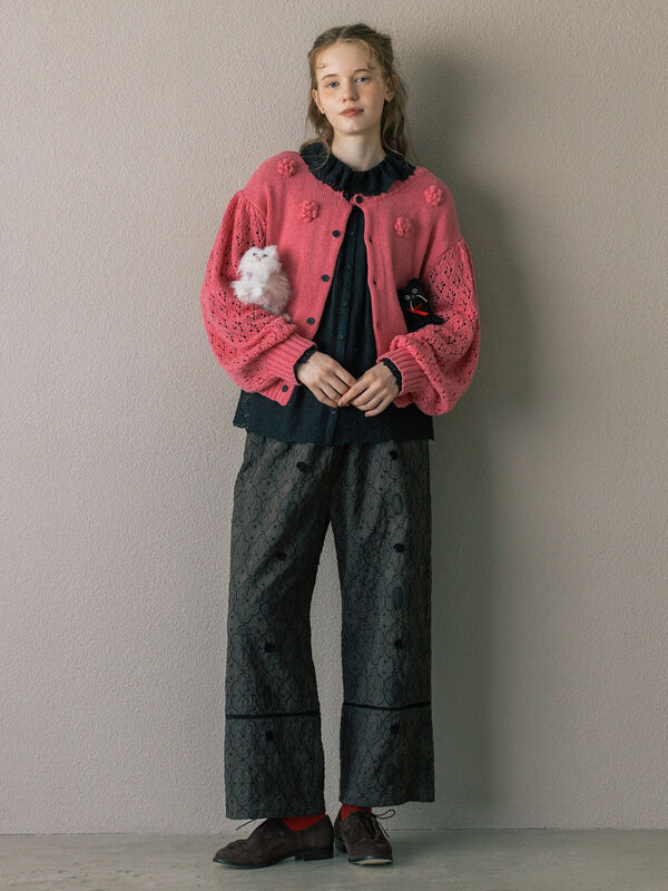 Embroidery collection】フラワー前後着ニット（ベージュ/ダーク