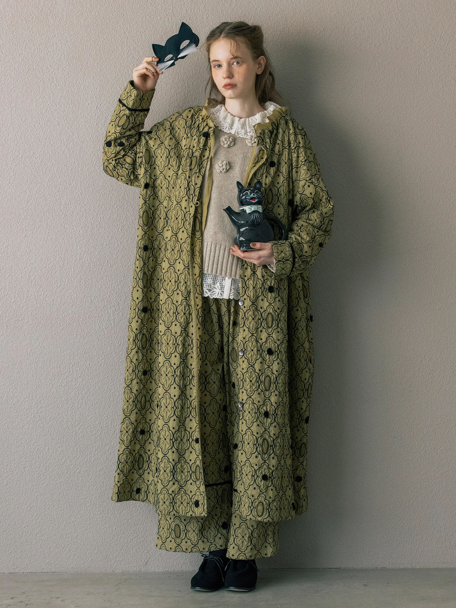 Embroidery collection】総刺繍コート（チャコールグレー/ピスタチオ