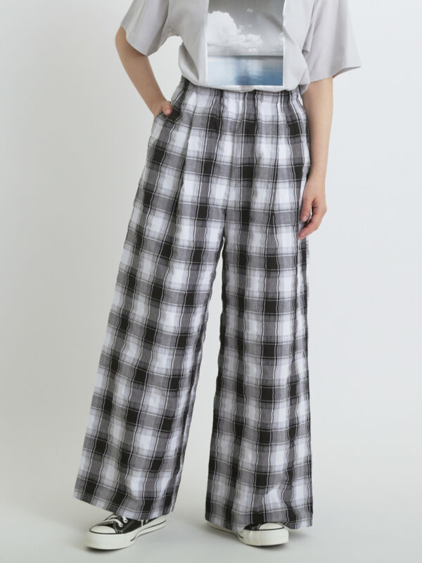 セール】 シャーリングチェックイージーパンツ（オフホワイト/ブラウン