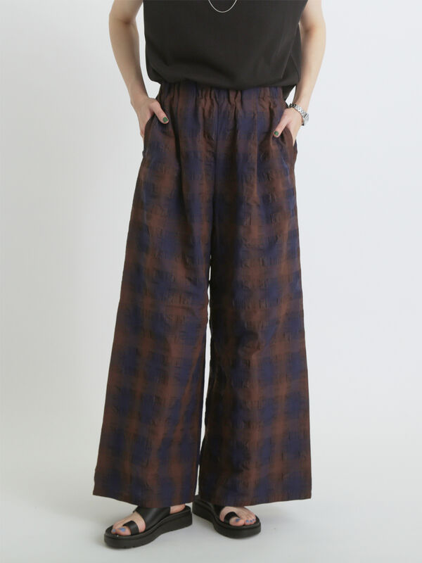 セール】 シャーリングチェックイージーパンツ（オフホワイト/ブラウン