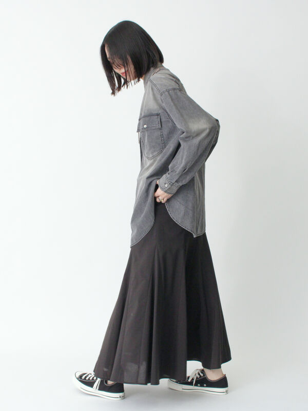 セール】 リネン混フレアスカート(セットアップ可)（ブラック/ライト