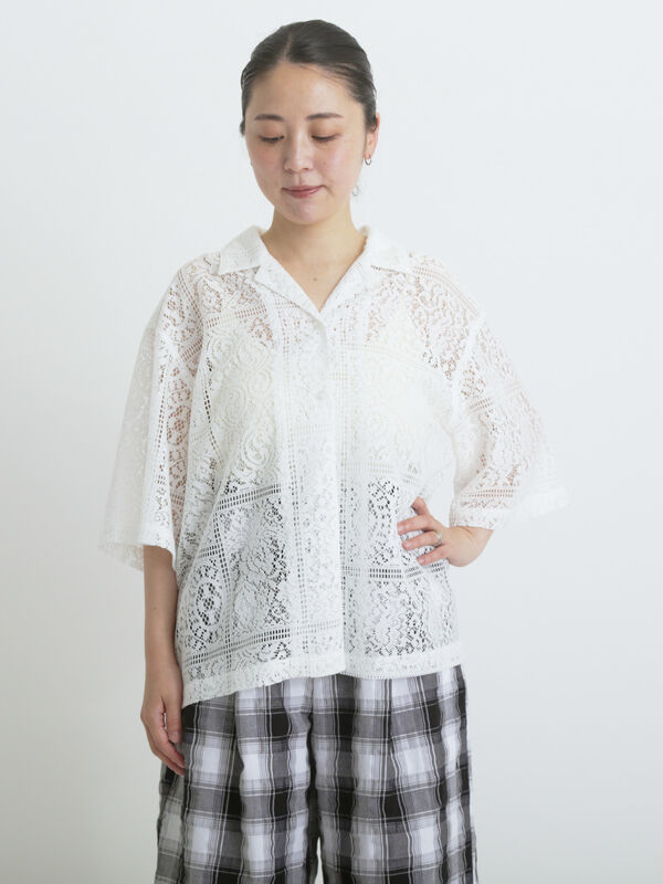 KUME ホワイト レース 半袖シャツ s KUME ホワイト レース 半袖シャツ s