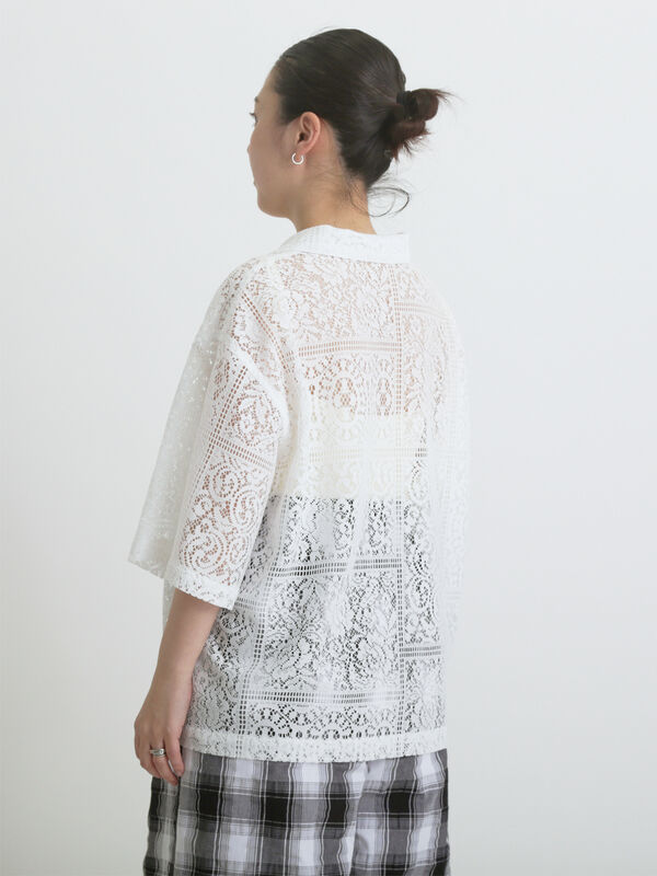 セール】 レースオープンシャツ（オフホワイト/ブラック/トップス