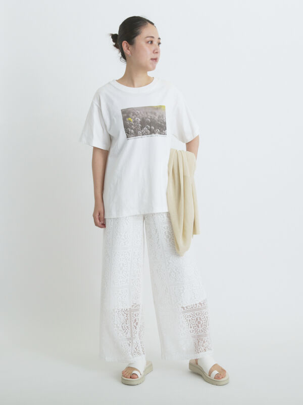 セール】 フォトプリントTシャツ(フラワー)（オフホワイト/Sグレー