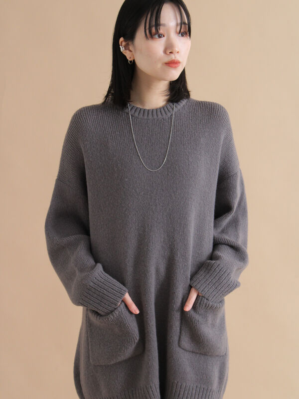 セール】 モヘヤライクニットチュニックワンピース（チャコールグレー
