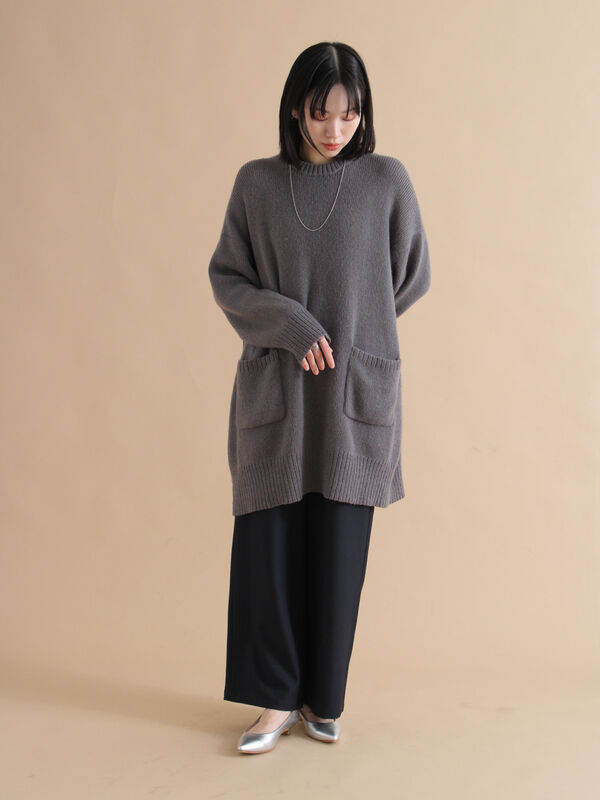 セール】 モヘヤライクニットチュニックワンピース（チャコールグレー