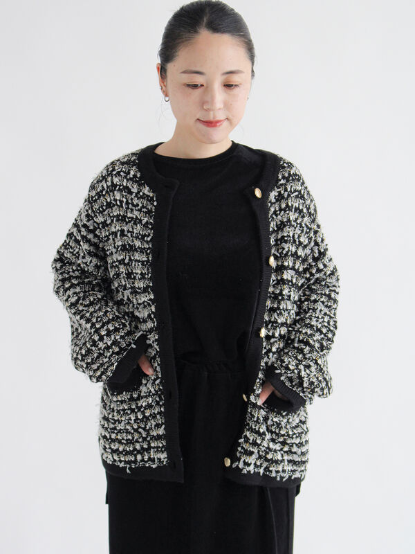 ツイード風ニットカーディガン（オフホワイト/ブラック/ネイビー