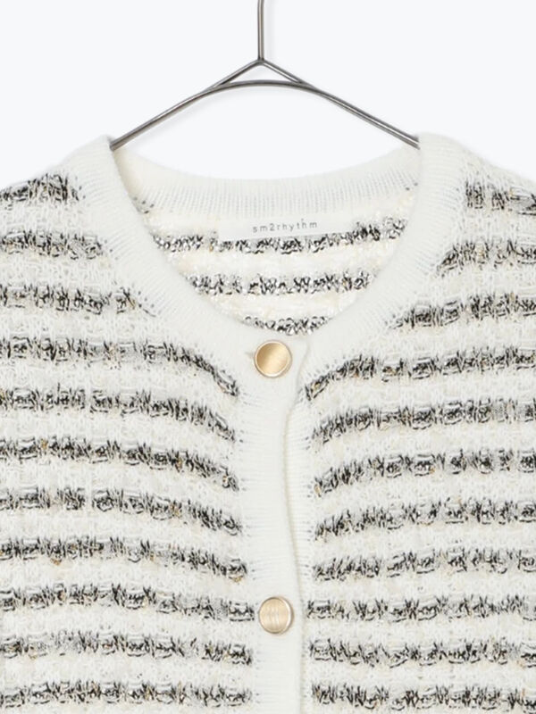 ハッピーサンデー ツイード風ニットカーディガン（オフホワイト/ブラック/ネイビー