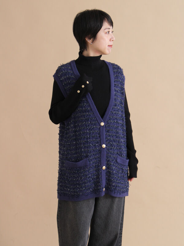 セール】 ツイード風ニットジレ（オフホワイト/ブラック